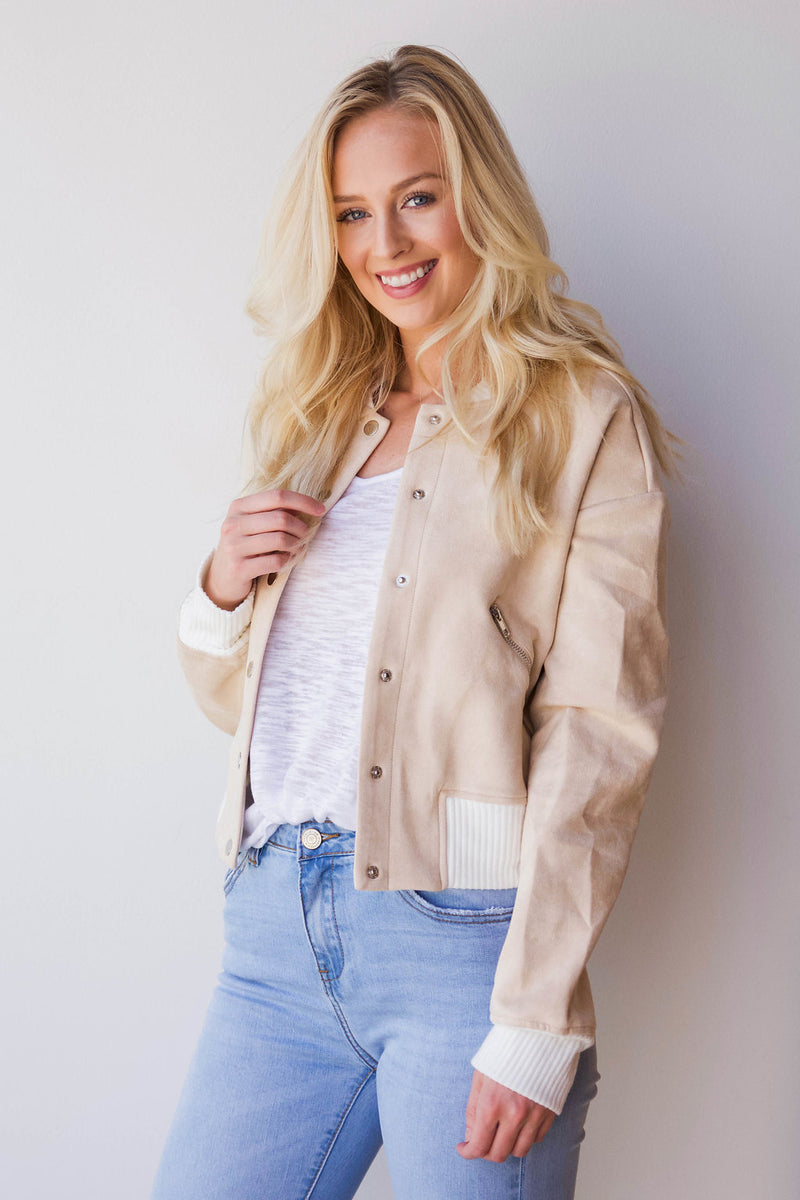 mode, contrast trim suede bomber jacket