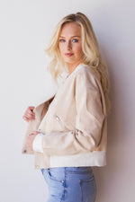 mode, contrast trim suede bomber jacket