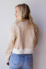 mode, contrast trim suede bomber jacket