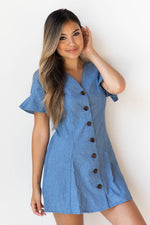 mode, daisy denim button dress