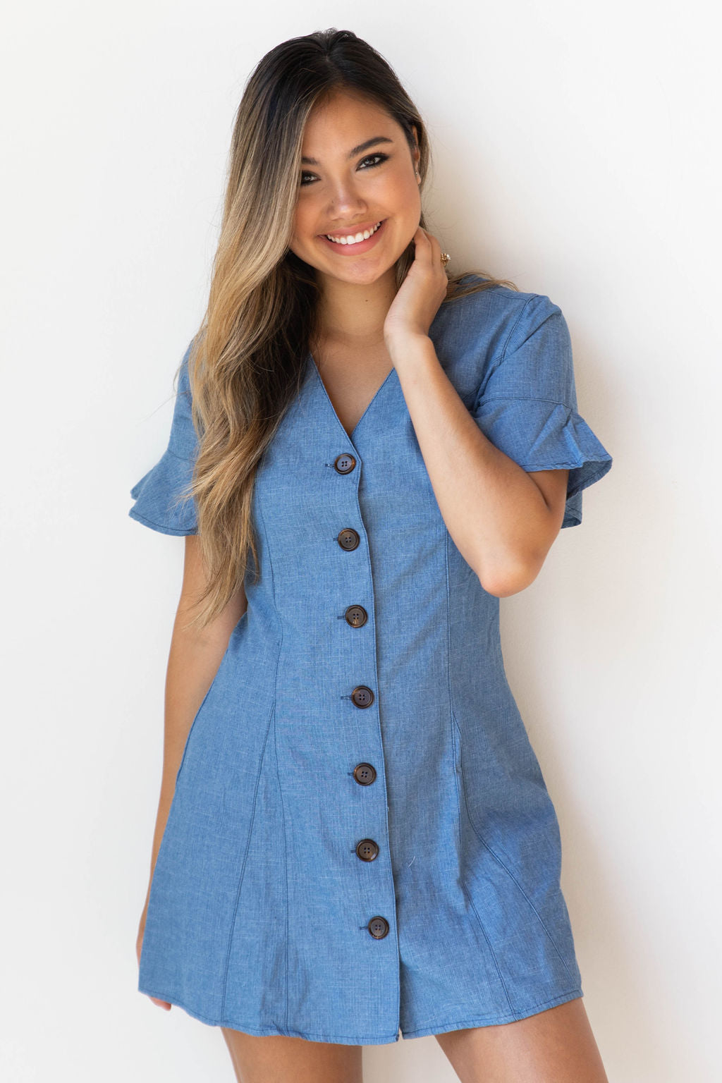 mode, daisy denim button dress