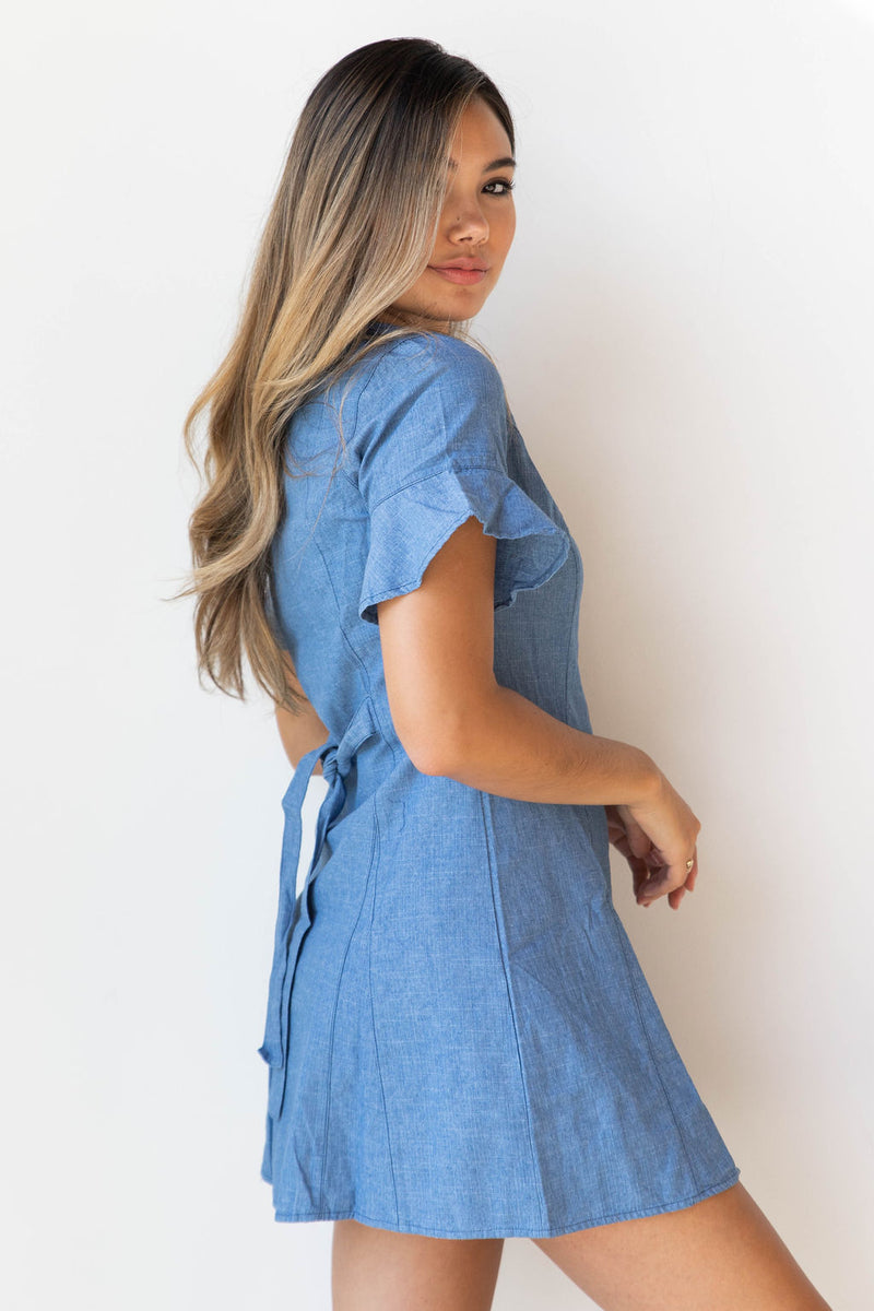 mode, daisy denim button dress