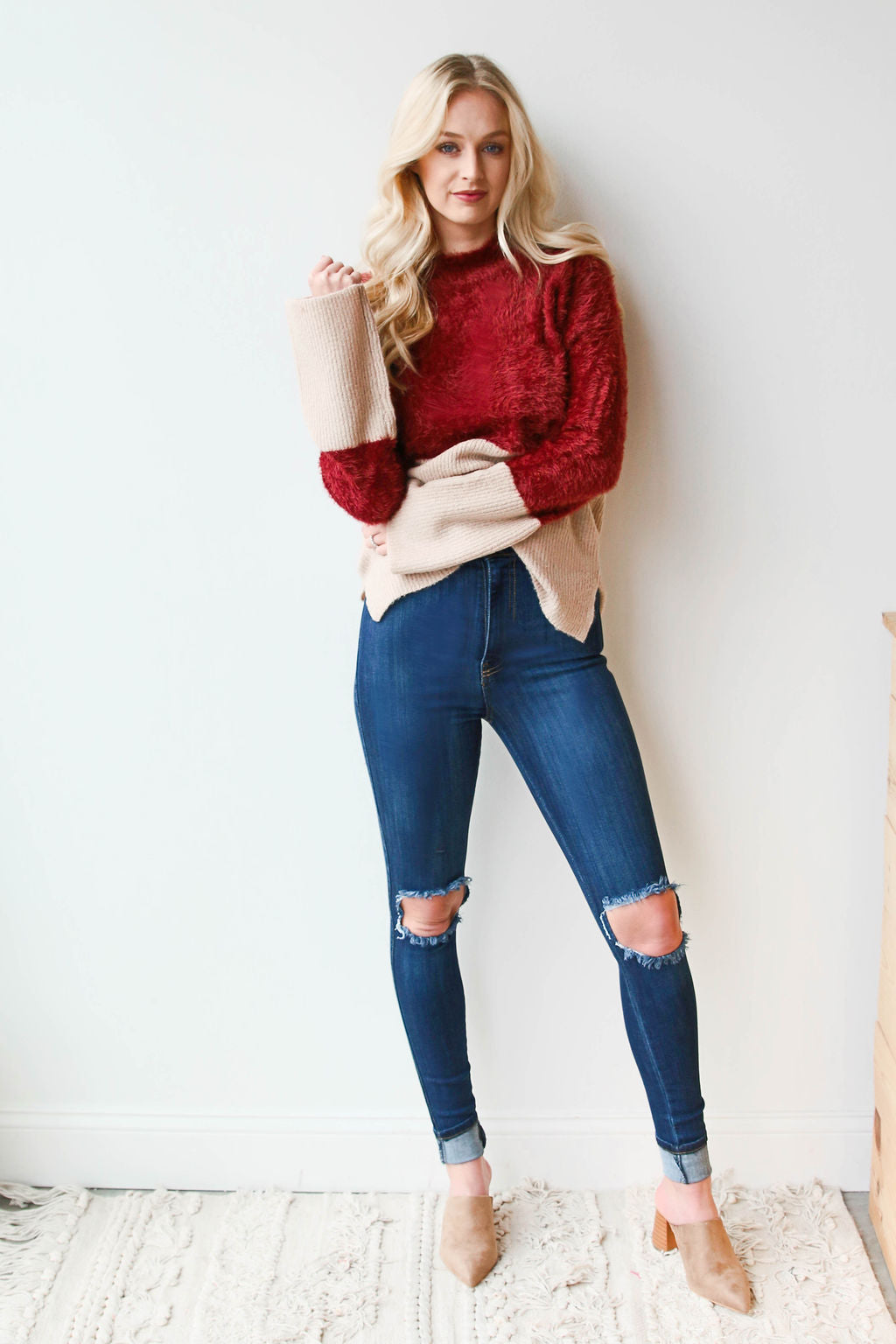 mode, crimson sand dipped sweater