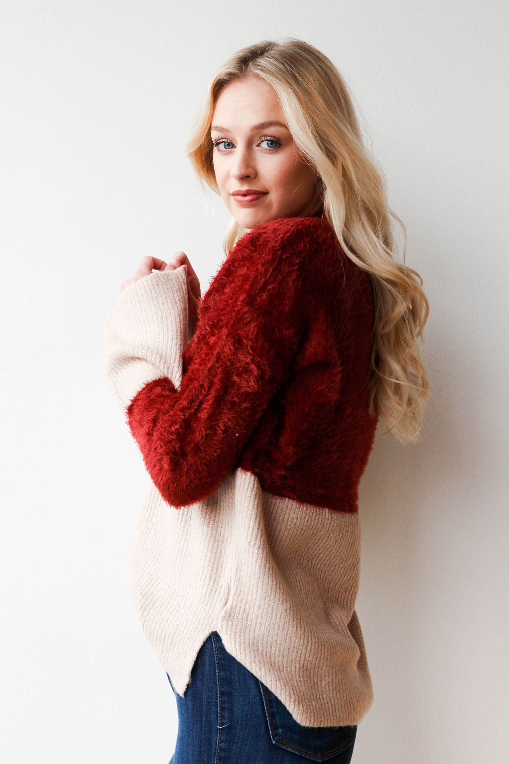 mode, crimson sand dipped sweater