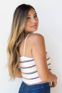mode, retro stripes tie front tank