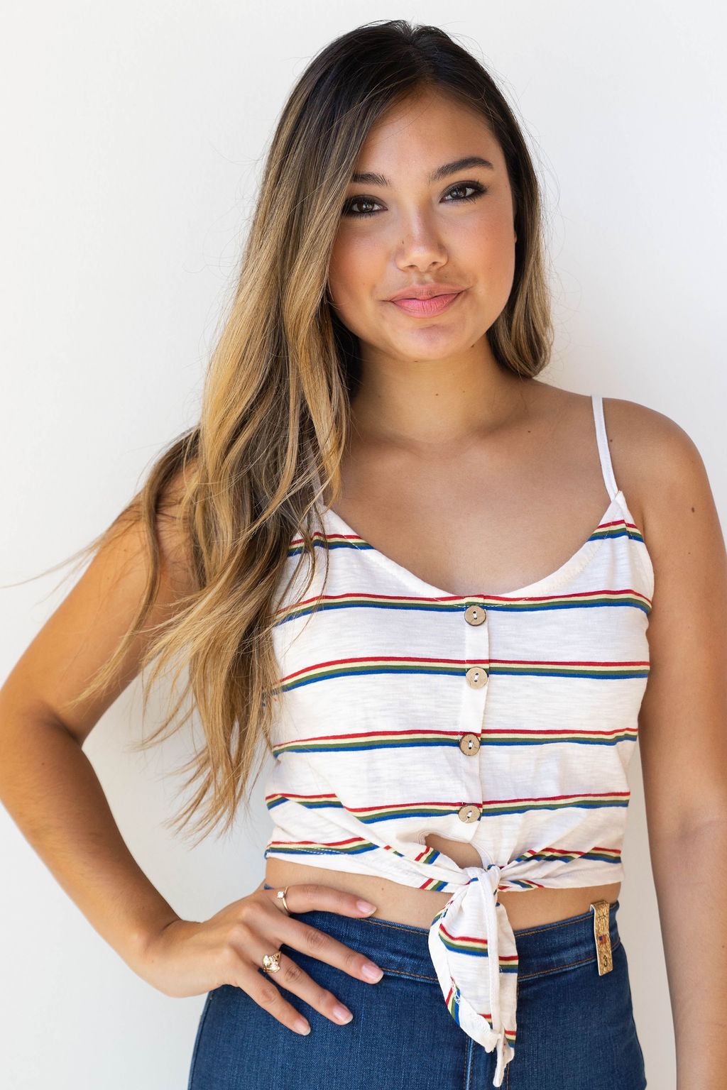 mode, retro stripes tie front tank