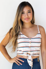 mode, retro stripes tie front tank