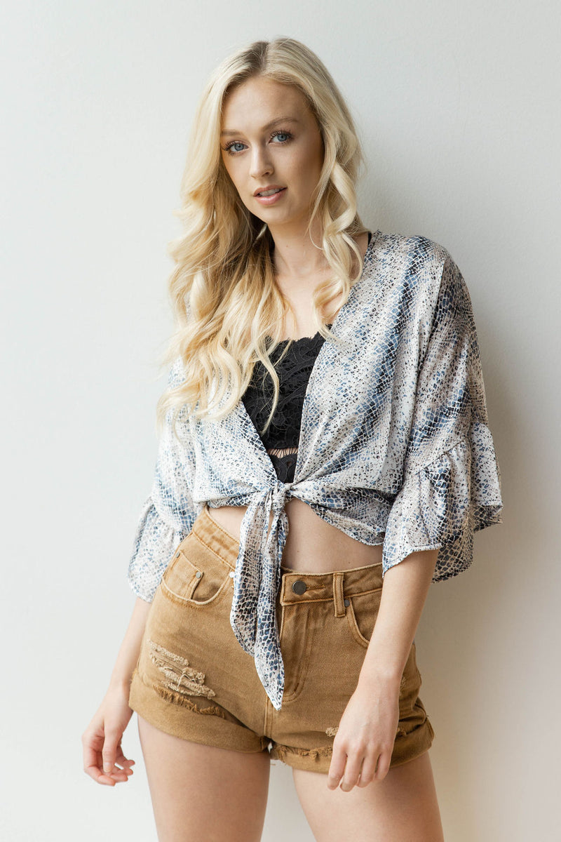mode, snake print front open tie top