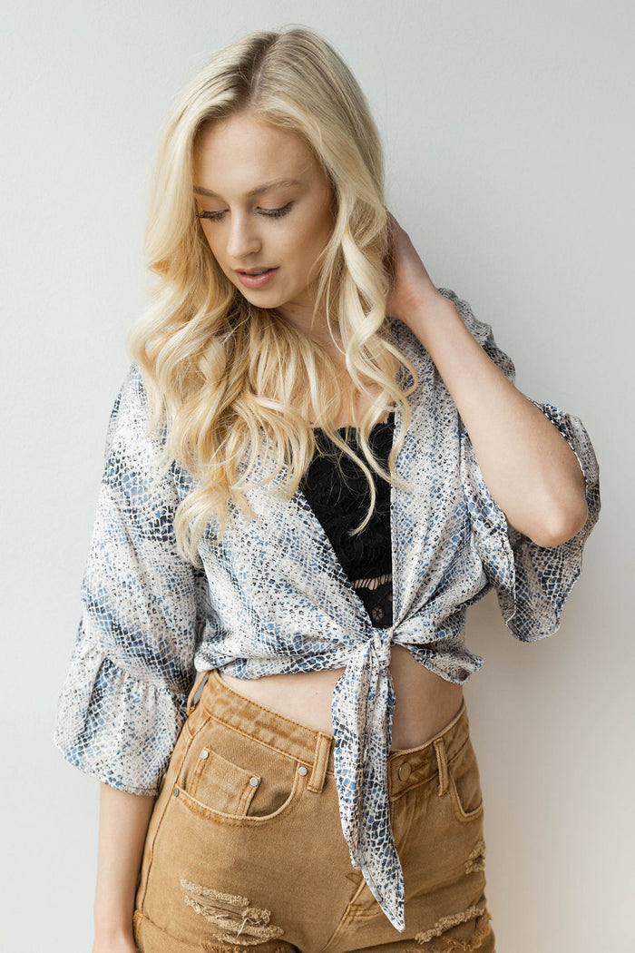 mode, snake print front open tie top
