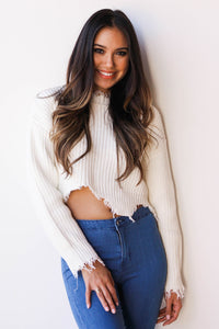 mode, distressed crop sweater