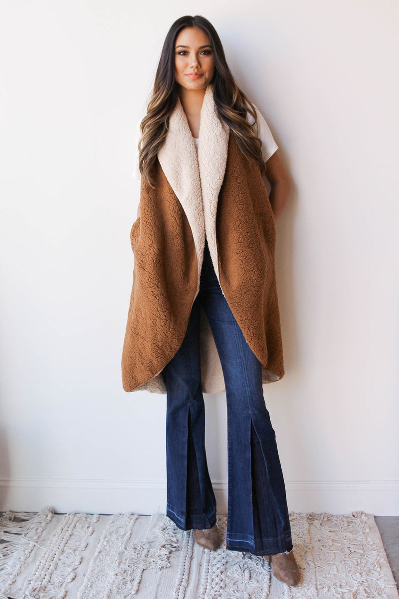 mode, warm + cozy reversible vest