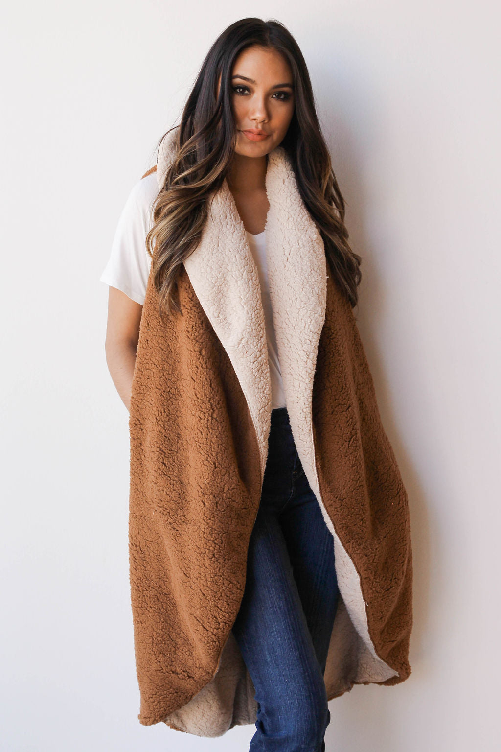 mode, warm + cozy reversible vest