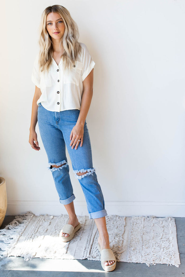 mode, utility button down blouse
