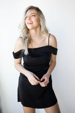 mode, strappy off shoulder satin dress