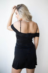 mode, strappy off shoulder satin dress