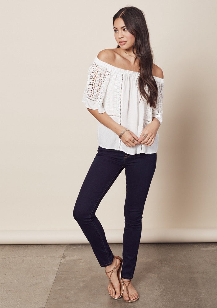 mode, lace inset off shoulder top