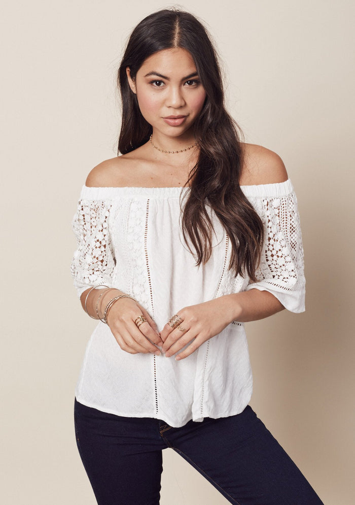 mode, lace inset off shoulder top