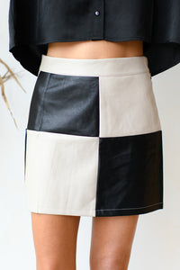 mode, leather let me go mini skirt