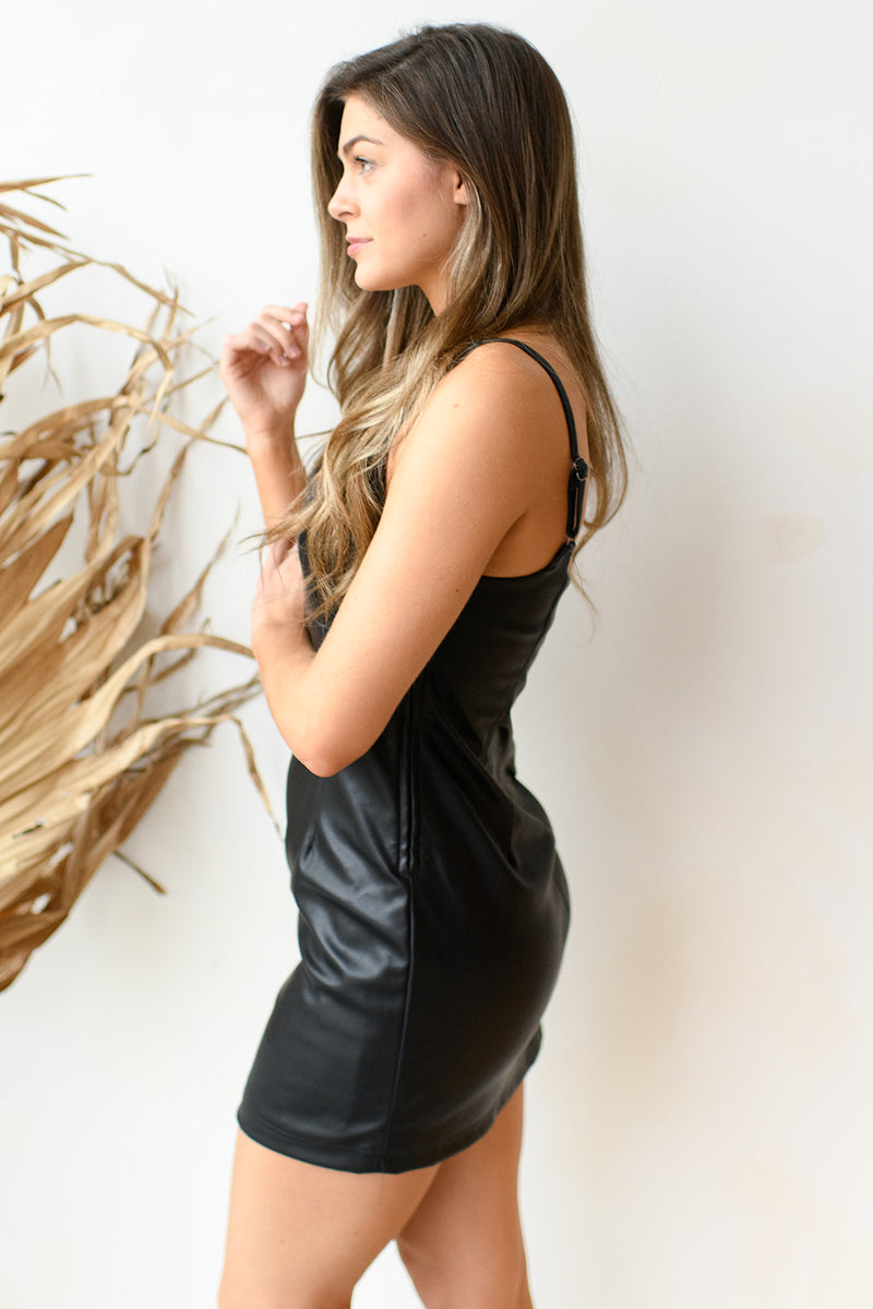 over and above leather mini dress