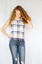 mode, raw edges plaid top
