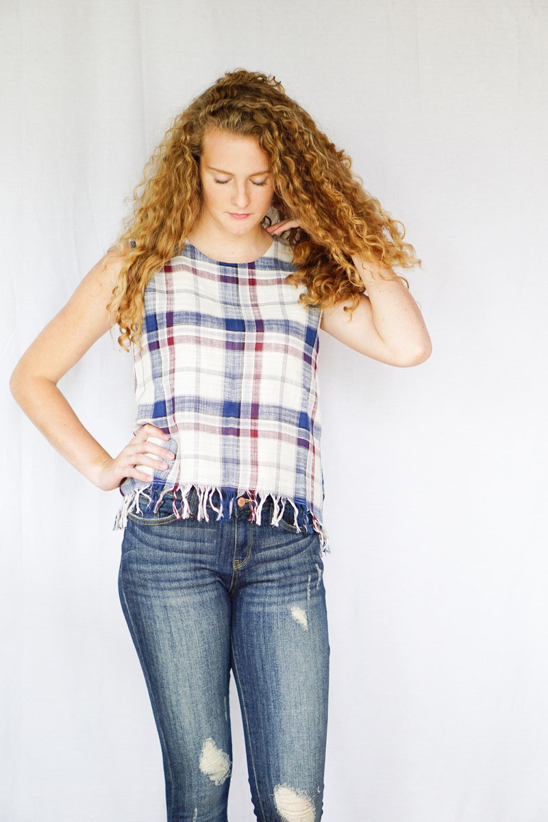 mode, raw edges plaid top