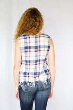 mode, raw edges plaid top