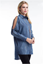 mode, oversized cold shoulder denim top
