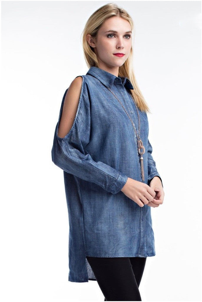mode, oversized cold shoulder denim top