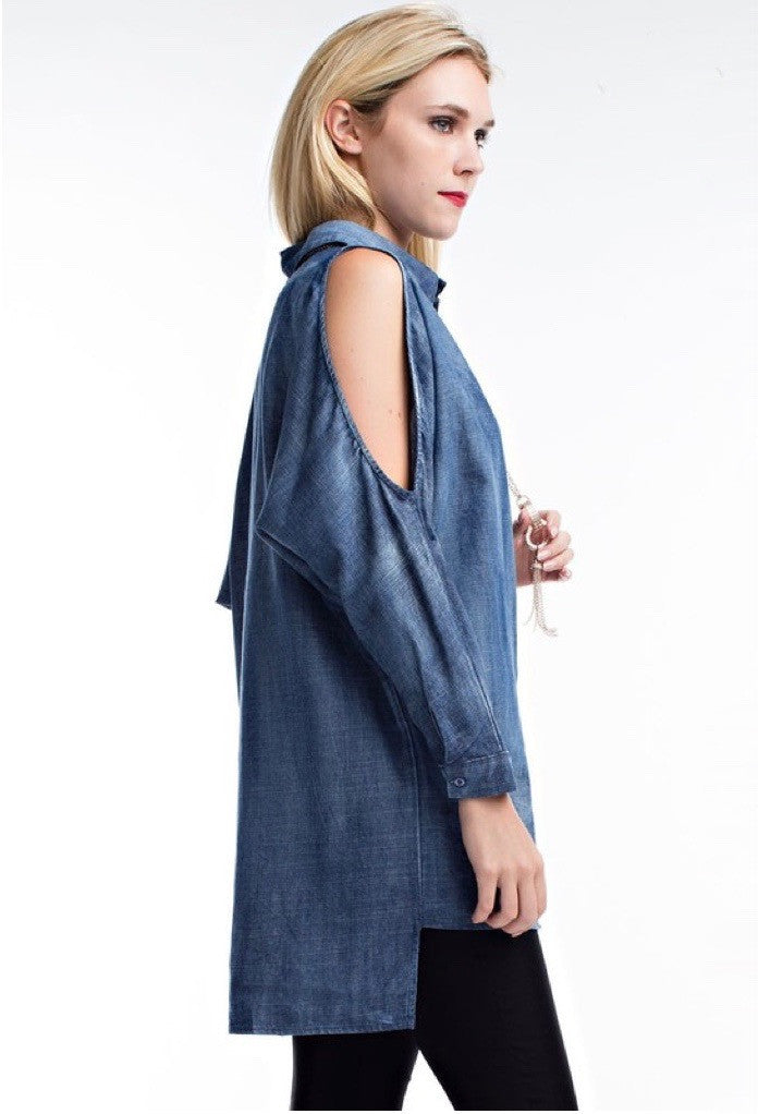 mode, oversized cold shoulder denim top