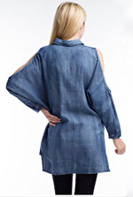 mode, oversized cold shoulder denim top