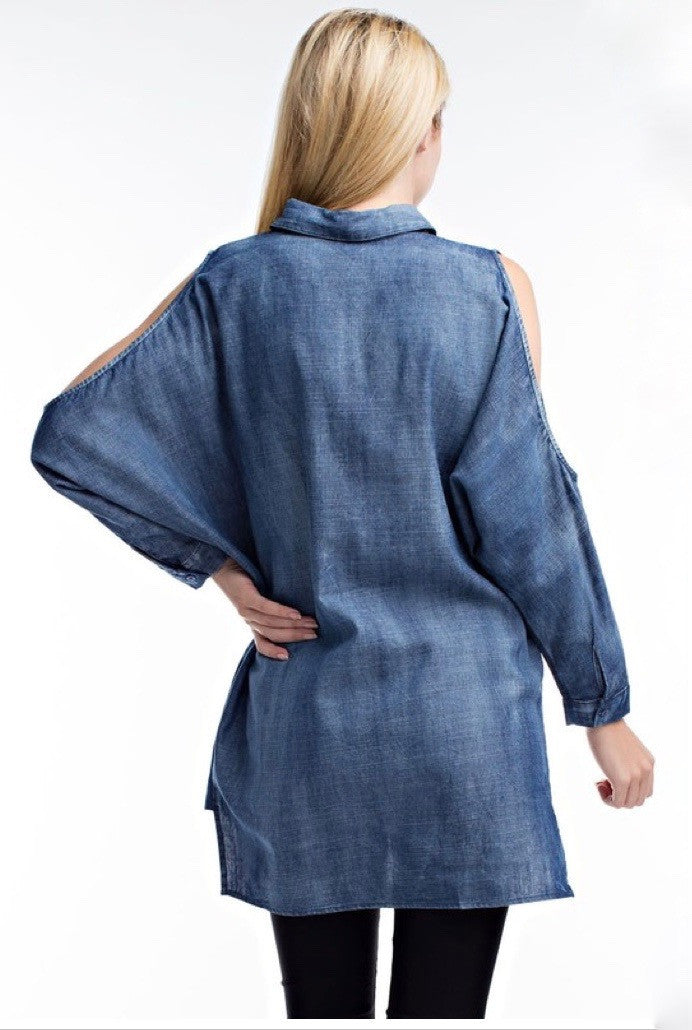 mode, oversized cold shoulder denim top