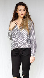 mode, pinstripe crossbody blouse