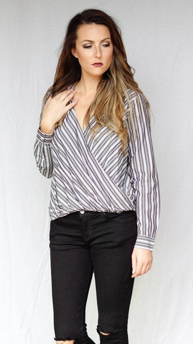 mode, pinstripe crossbody blouse