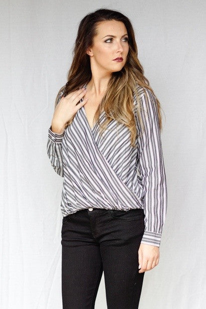 mode, pinstripe crossbody blouse