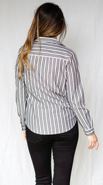 mode, pinstripe crossbody blouse