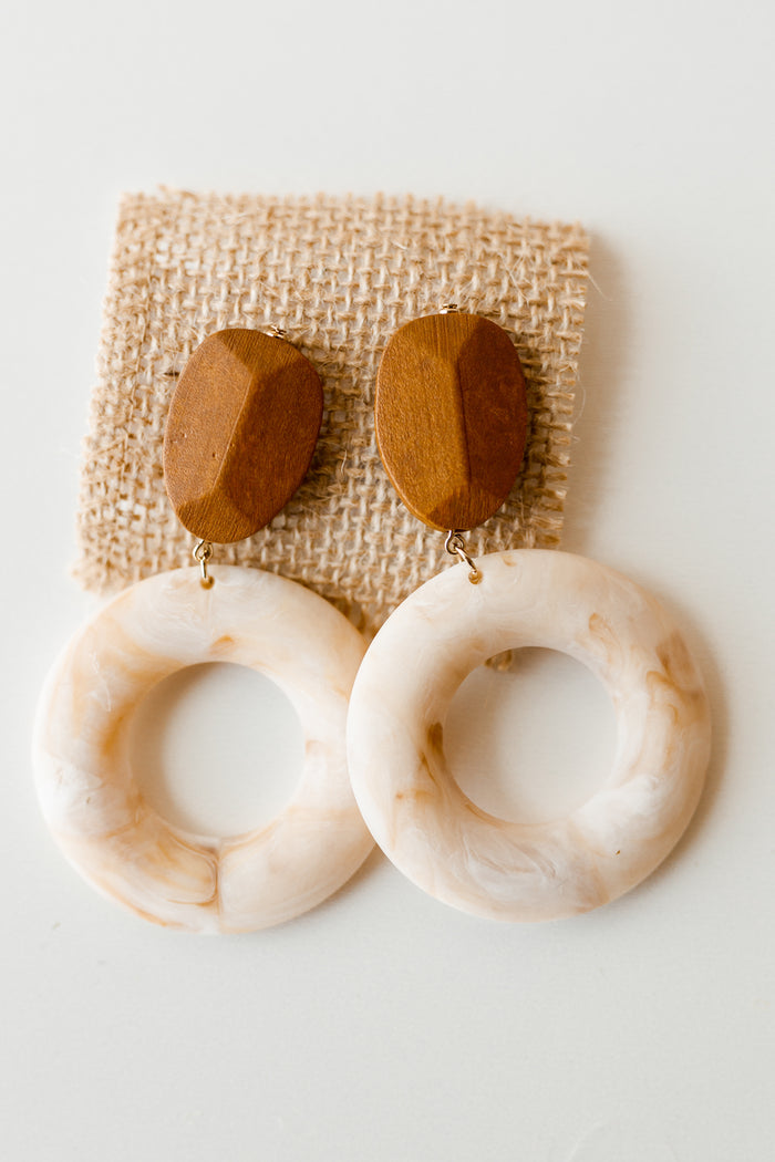 mode, wooden circle drop earring