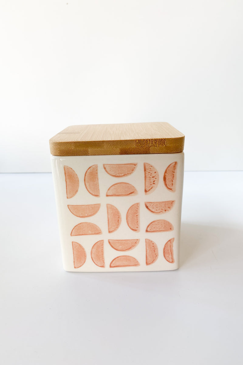 mode, hand stamped canister with lid