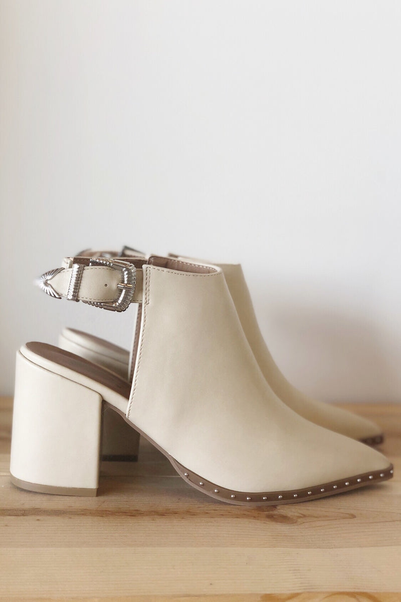 mode, clean slate open heel bootie