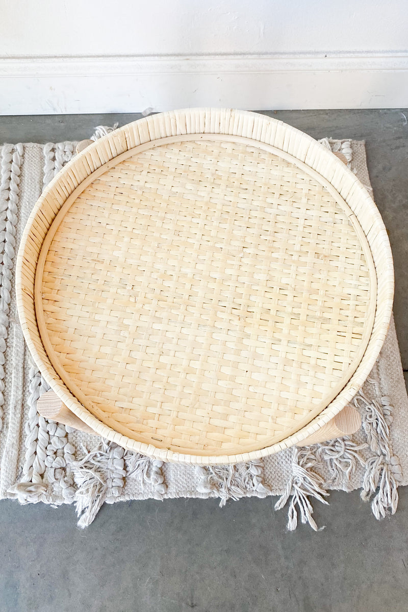bamboo pedestal + rattan tray