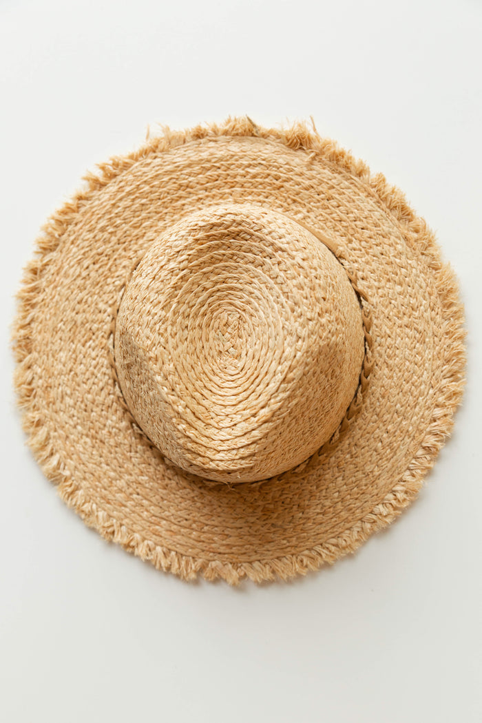 mode, raw edge raffia hat