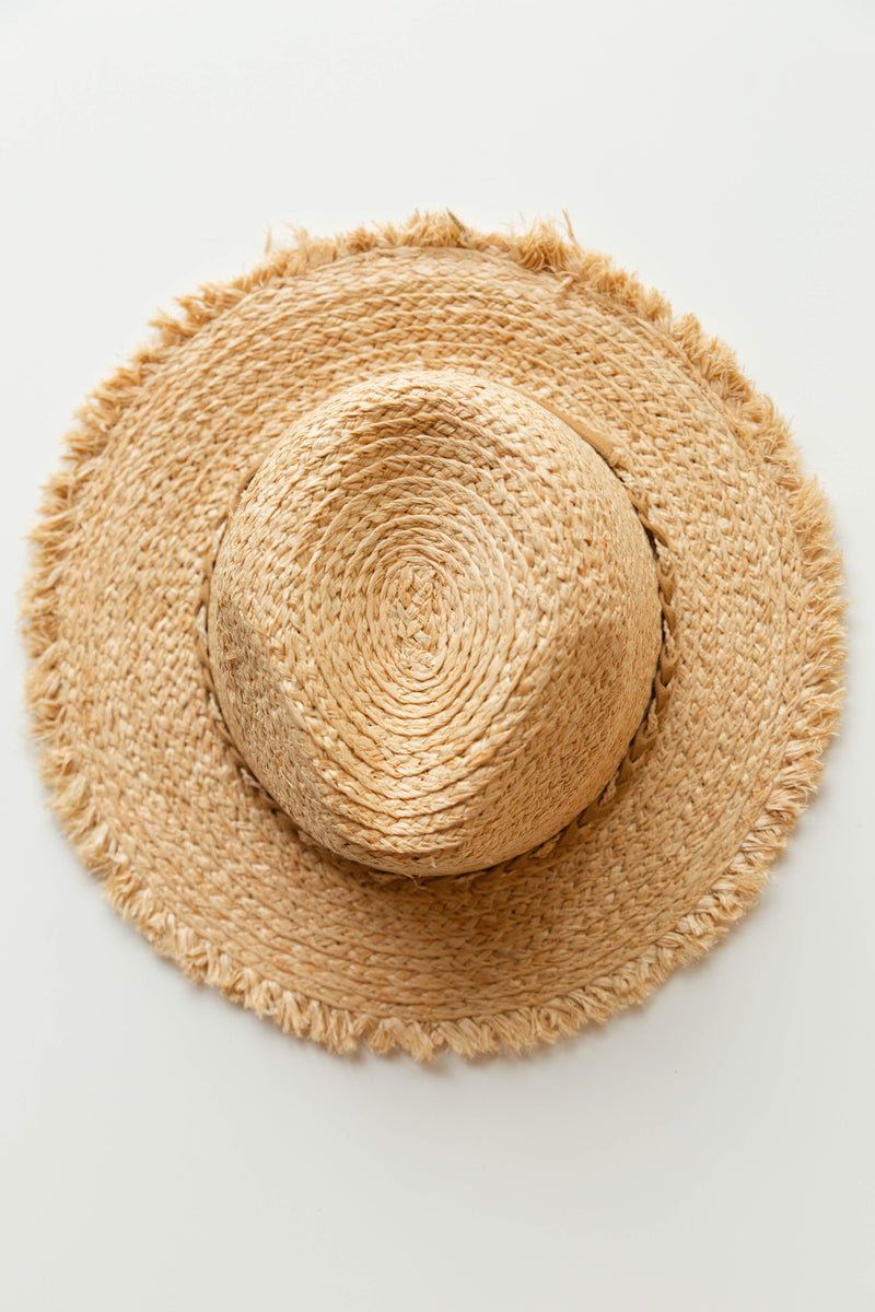 mode, raw edge raffia hat