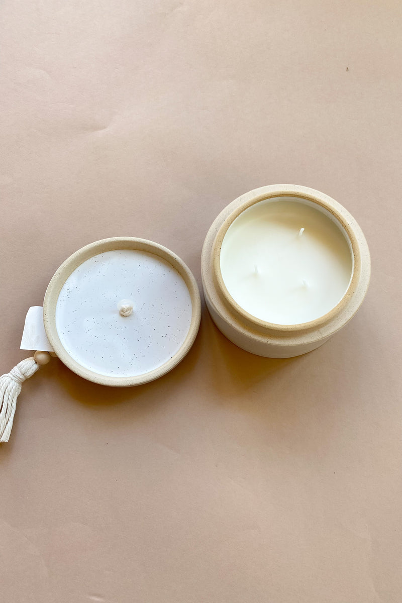 mode, ceramic speckled candle cypress + fir