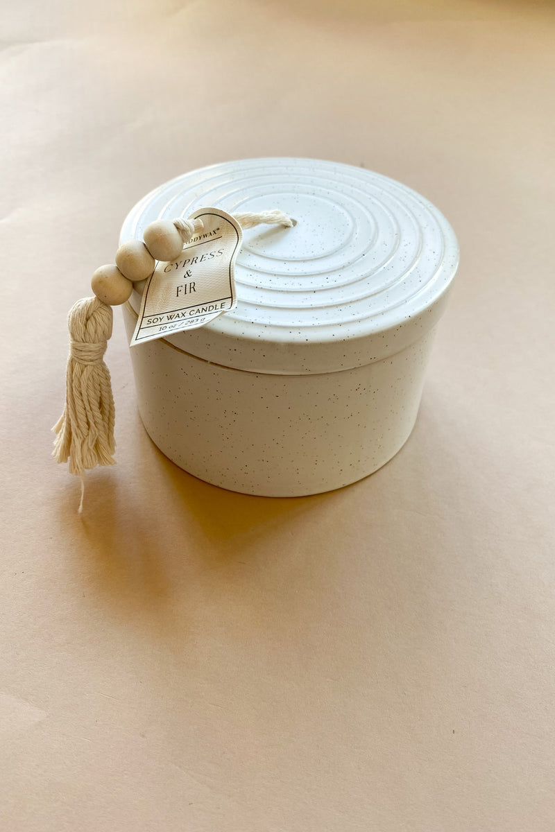 mode, ceramic speckled candle cypress + fir