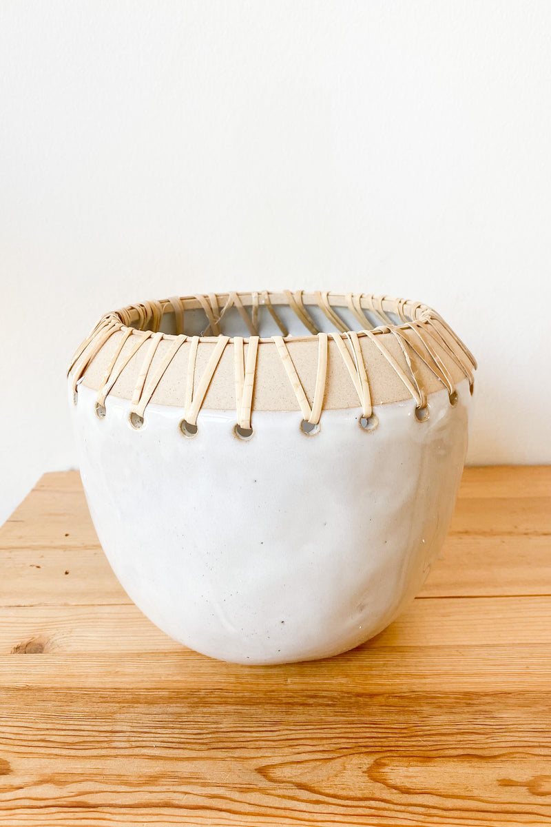 medium stoneware planter w rattan stitching