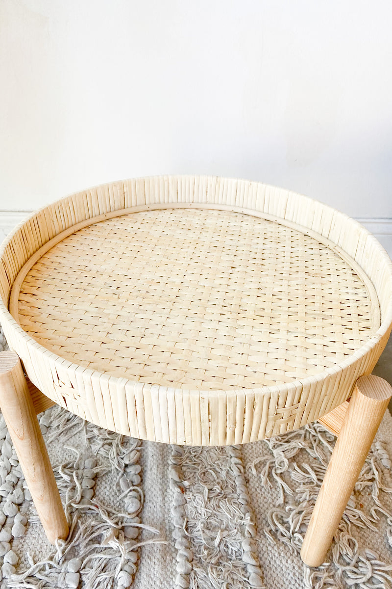 bamboo pedestal + rattan tray