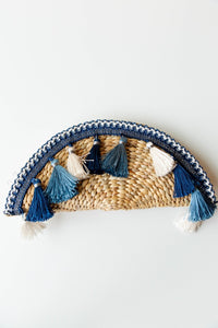 mode, half moon rattan tassel trim clutch