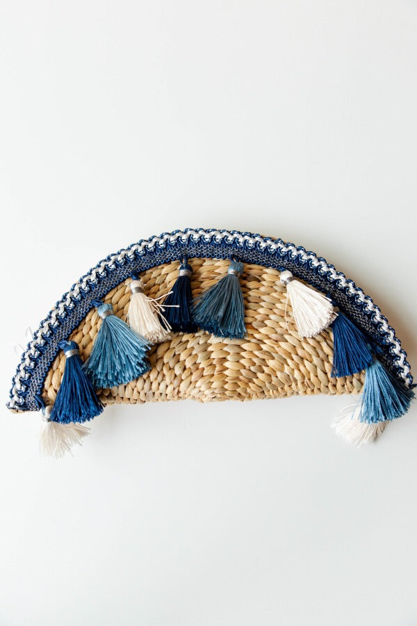mode, half moon rattan tassel trim clutch