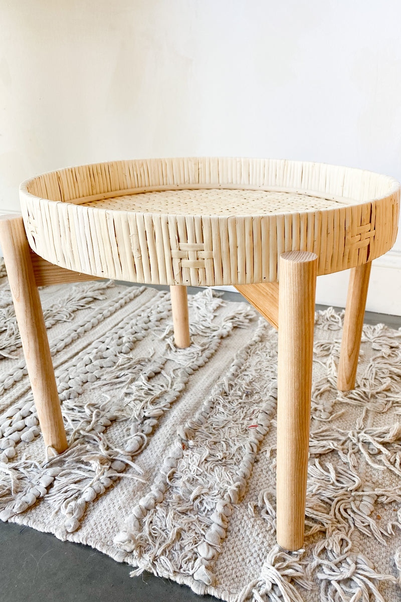 bamboo pedestal + rattan tray