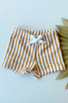 mode, striped swim shorts