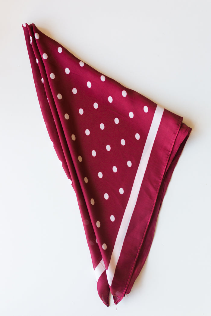 mode, crimson polka dot square scarf